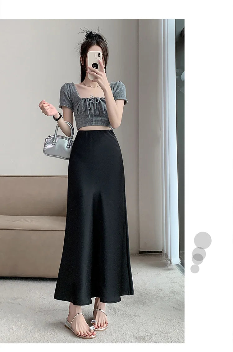 Acetic Satin Fishtail Skirt Woman Korean Fashion Elastic High Waist Skirts for Women Spring/Summer 2024 New Chic Lady Skirts
