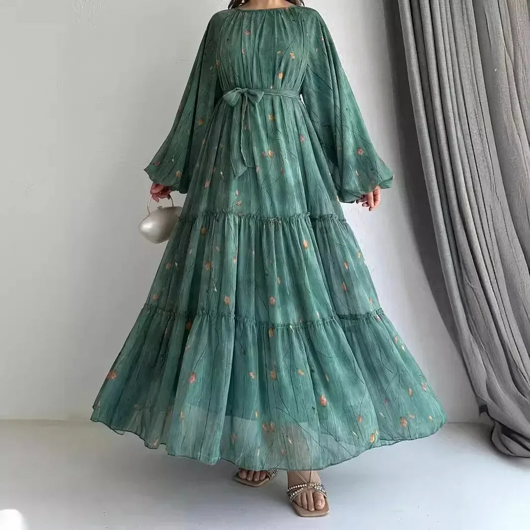 Muslim Women's Dress Casual Fashion Middle Eastern Chiffon Round Neck Tie-Dye with Belt Long Temperament Elegant Arab Dress