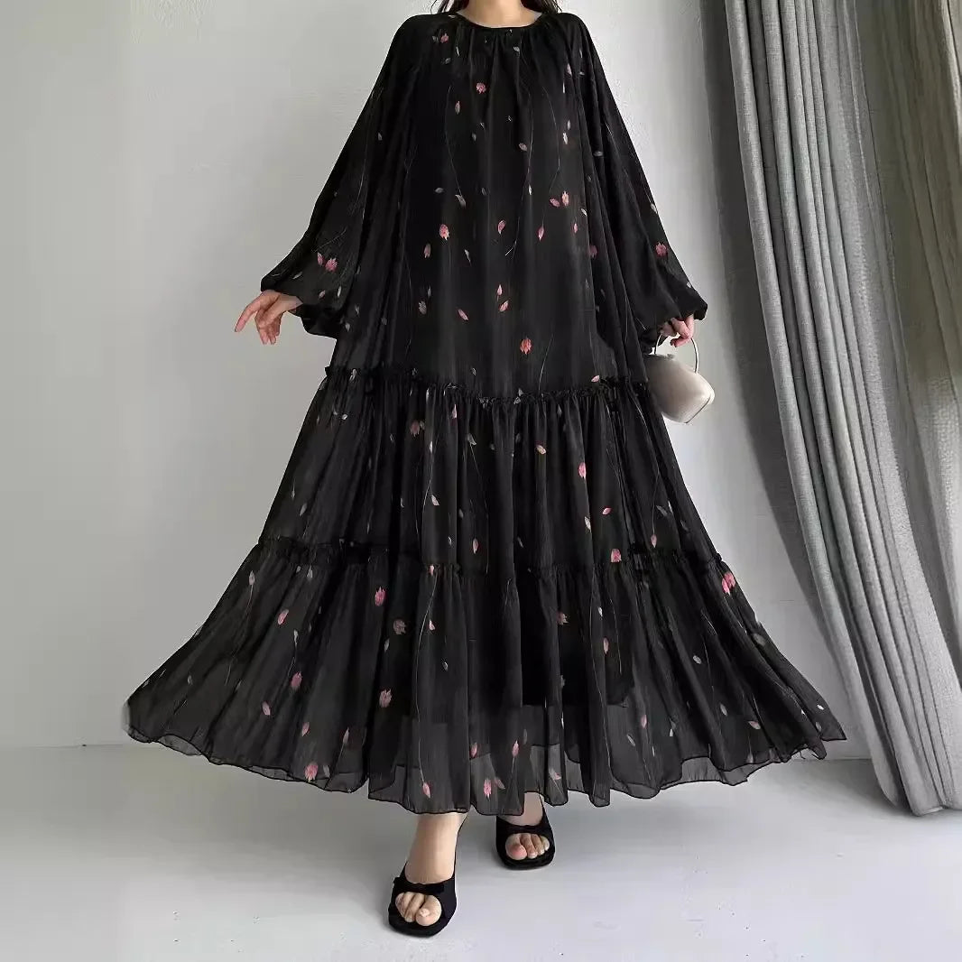 Muslim Women's Dress Casual Fashion Middle Eastern Chiffon Round Neck Tie-Dye with Belt Long Temperament Elegant Arab Dress