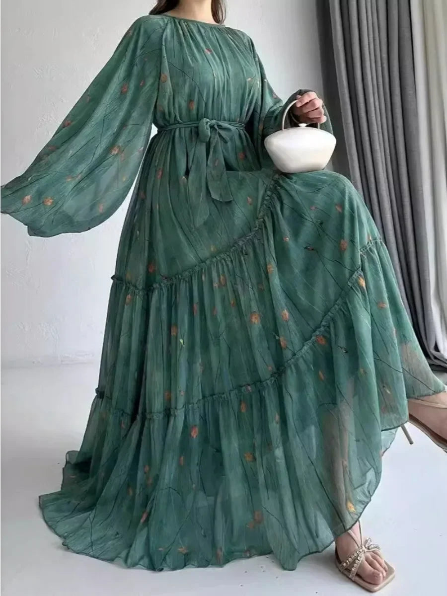 Muslim Women's Dress Casual Fashion Middle Eastern Chiffon Round Neck Tie-Dye with Belt Long Temperament Elegant Arab Dress