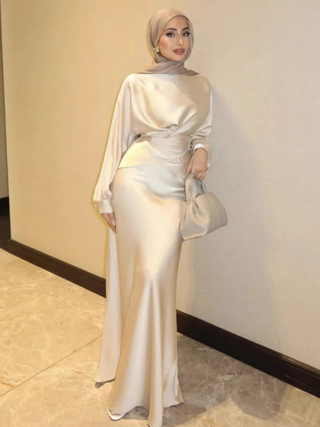 Silk Satin Muslim Top with Dress 2 Piece Sets Mermaid Evening Dresses for Women Abaya Dubai Luxury Kaftan Robe Party Gown 2025