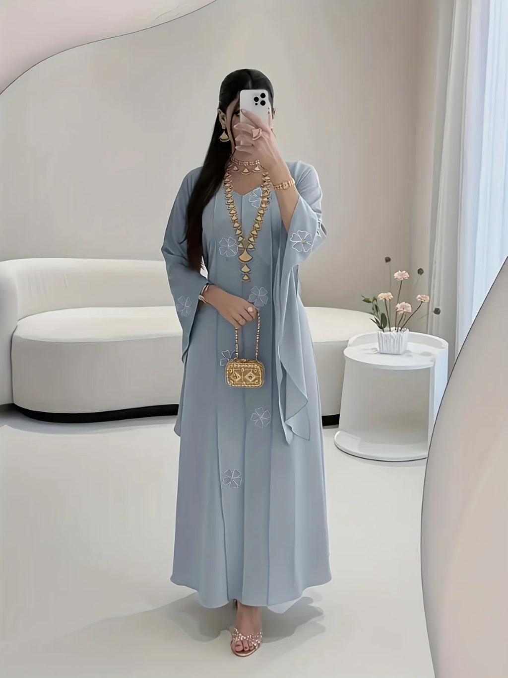 New Middle Eastern Women's Clothing: Elegant Embroidered Beaded Robe, Chiffon Comfortable Commuter Muslim Breathable Shirt, Dubai Saudi Traditional Attire, Long-Sleeve Ethnic Style Festival Party Dress with Headscarf