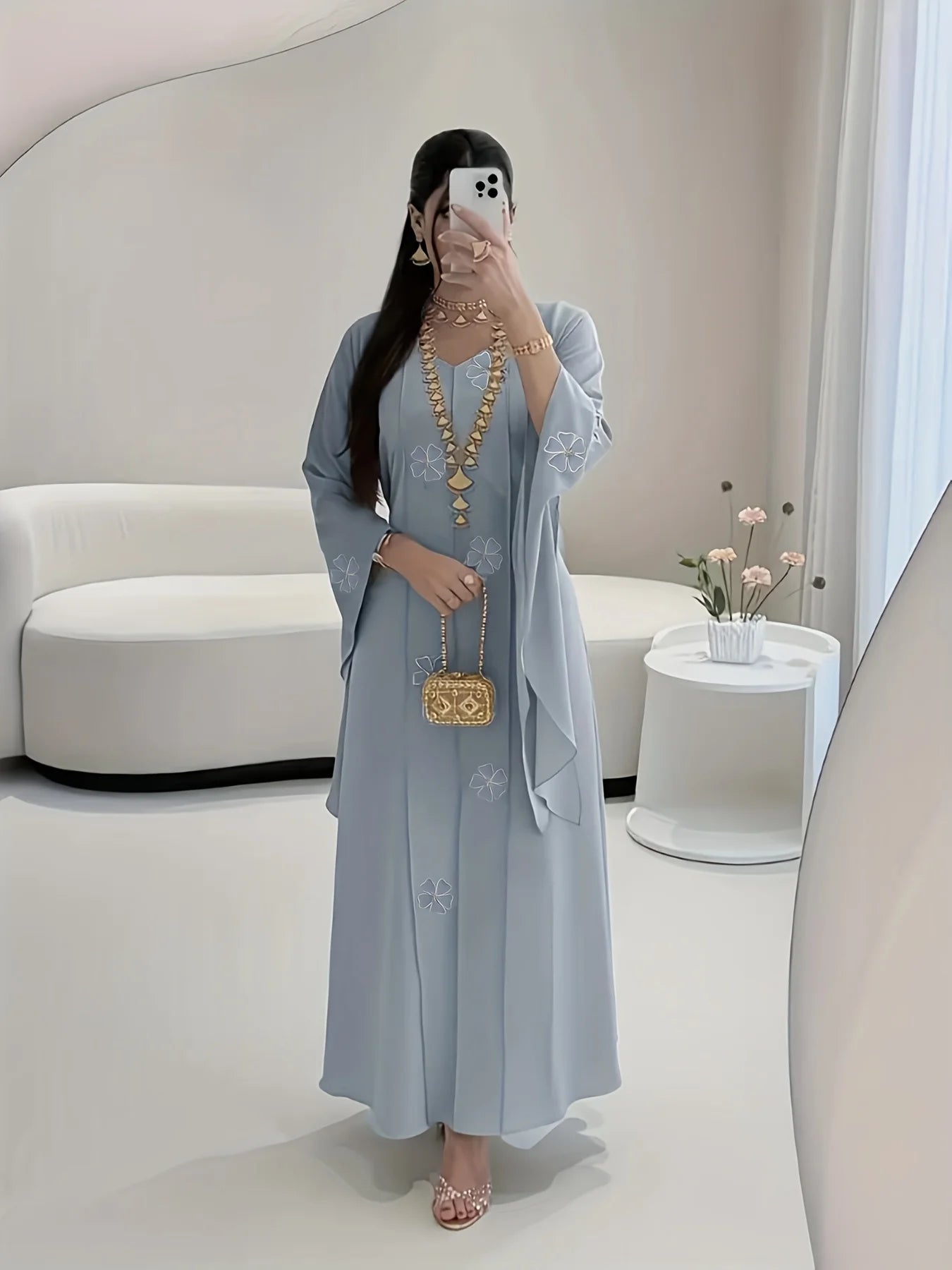 New Middle Eastern Women's Clothing: Elegant Embroidered Beaded Robe, Chiffon Comfortable Commuter Muslim Breathable Shirt, Dubai Saudi Traditional Attire, Long-Sleeve Ethnic Style Festival Party Dress with Headscarf