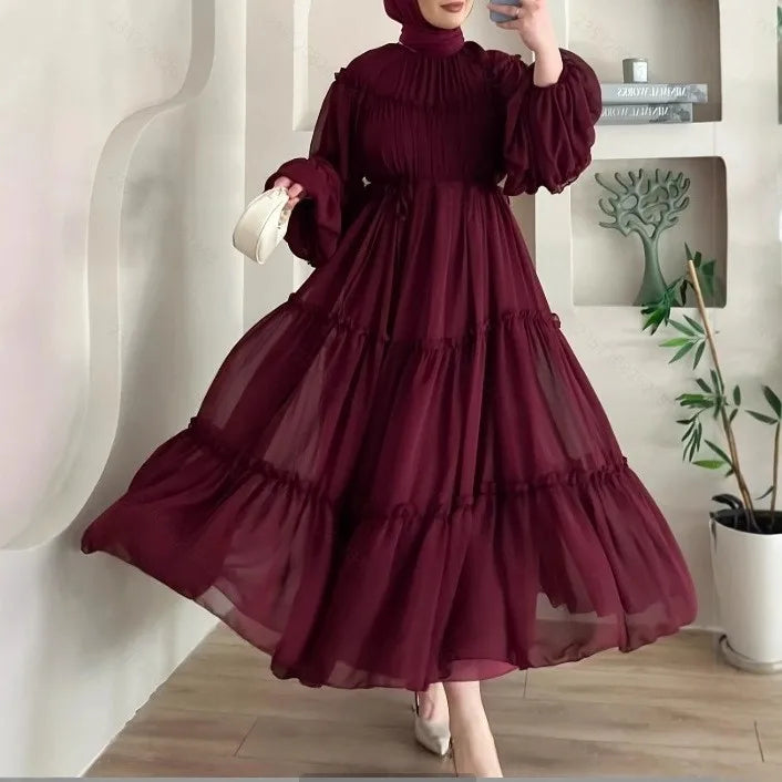 Muslim Women's Dress Casual Fashion Middle Eastern Chiffon Round Neck Tie-Dye with Belt Long Temperament Elegant Arab Dress
