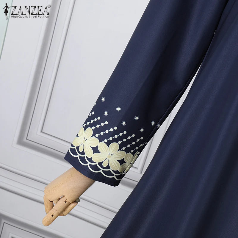 ZANZEA Muslim Fashion Dresses Abaya Women Elegant Long Sleeve Floral Printed Maxi Sundress Vestidos Kaftan IsIamic Robe Ramadan
