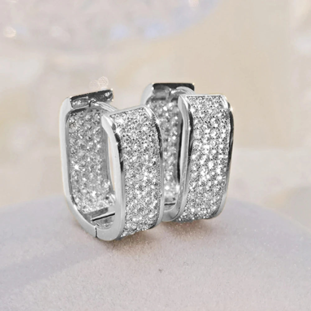 Huitan Korean Fashion Paved CZ Hoop Earrings for Women Metal Silver Color/Gold Color Simple Versatile Girls Earrings Hot Jewelry