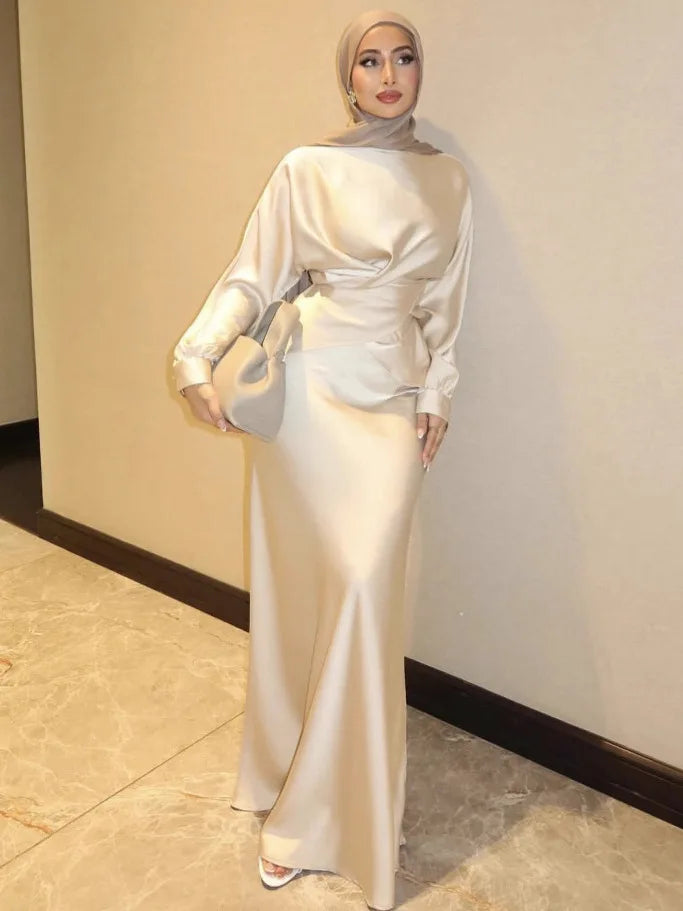 Silk Satin Muslim Top with Dress 2 Piece Sets Mermaid Evening Dresses for Women Abaya Dubai Luxury Kaftan Robe Party Gown 2025
