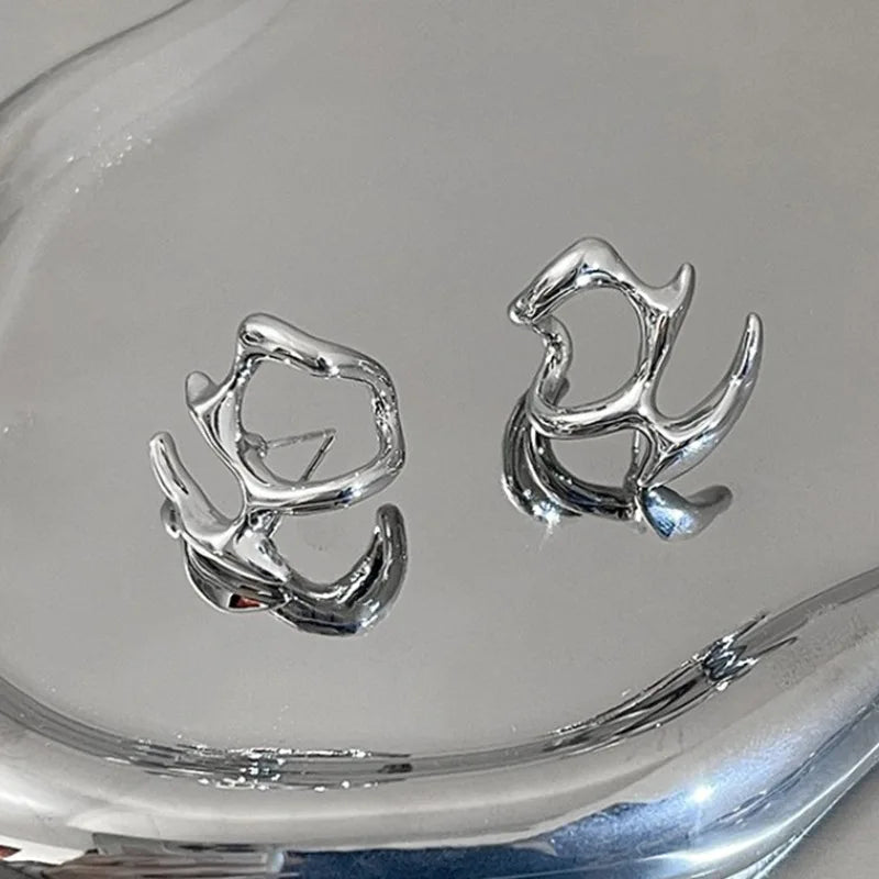 Y2K Irregular Liquid Earrings for Women Silver Color Hip-Hop Punk Fashion Geometric Earring Clip Girl 2024 Trendy Party Jewelry