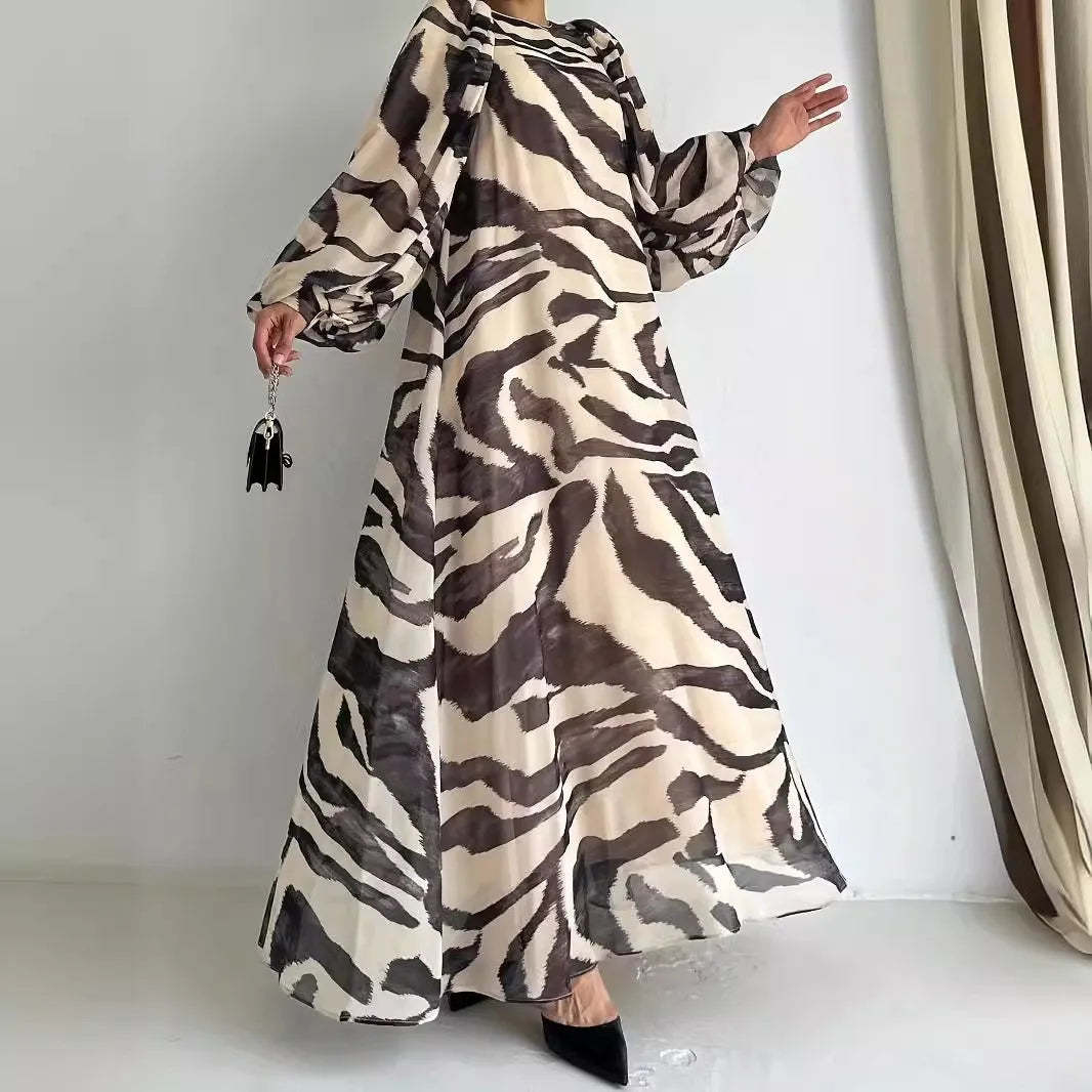 Muslim Women's Dress Casual Fashion Middle Eastern Chiffon Round Neck Tie-Dye with Belt Long Temperament Elegant Arab Dress