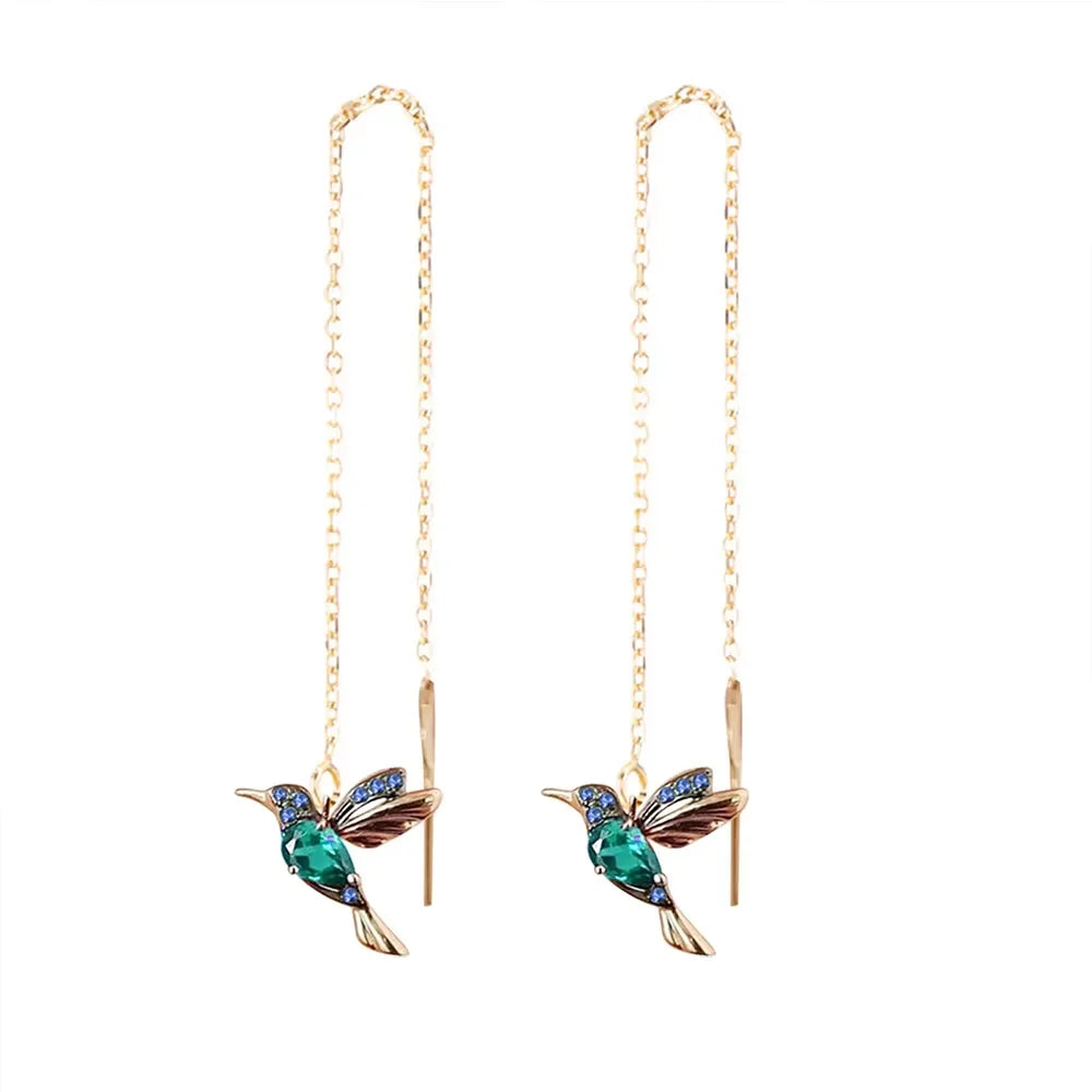 Hummingbird Red CZ Long Earrings For Women Gold Color Metal Green Stone Red CZ Wing Spreading Drop Earring Wedding Party Jewelry