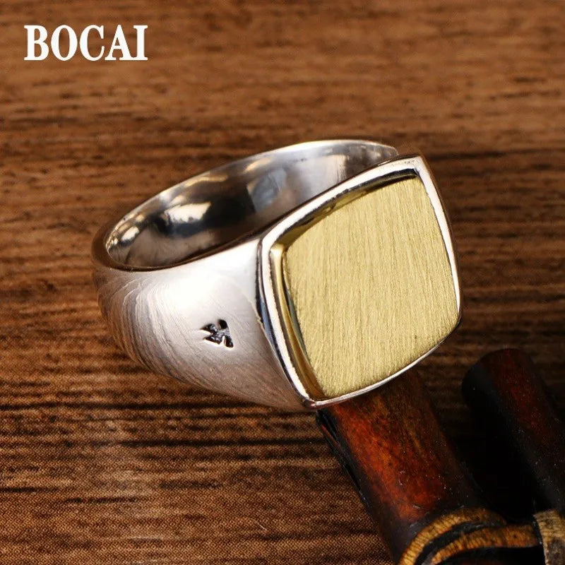 BOCAI Real S925 Silver Jewelry Frosted Gold Smooth Trend Simple Square Wide Face for Man and Woman Ring Exquisite Gift