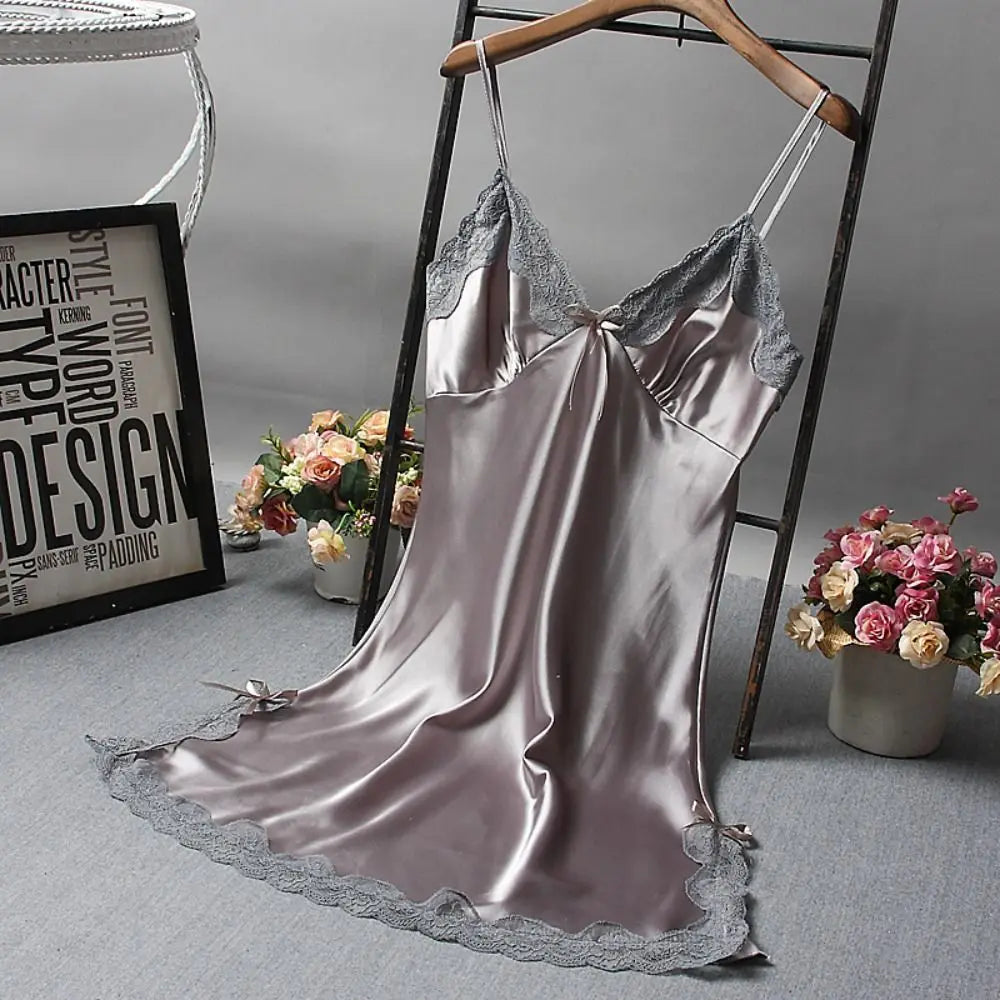 Cute Lace Camisola Patchwork Women's Nightgowns Silk Dress Bowknots Lingerie Nighty Women