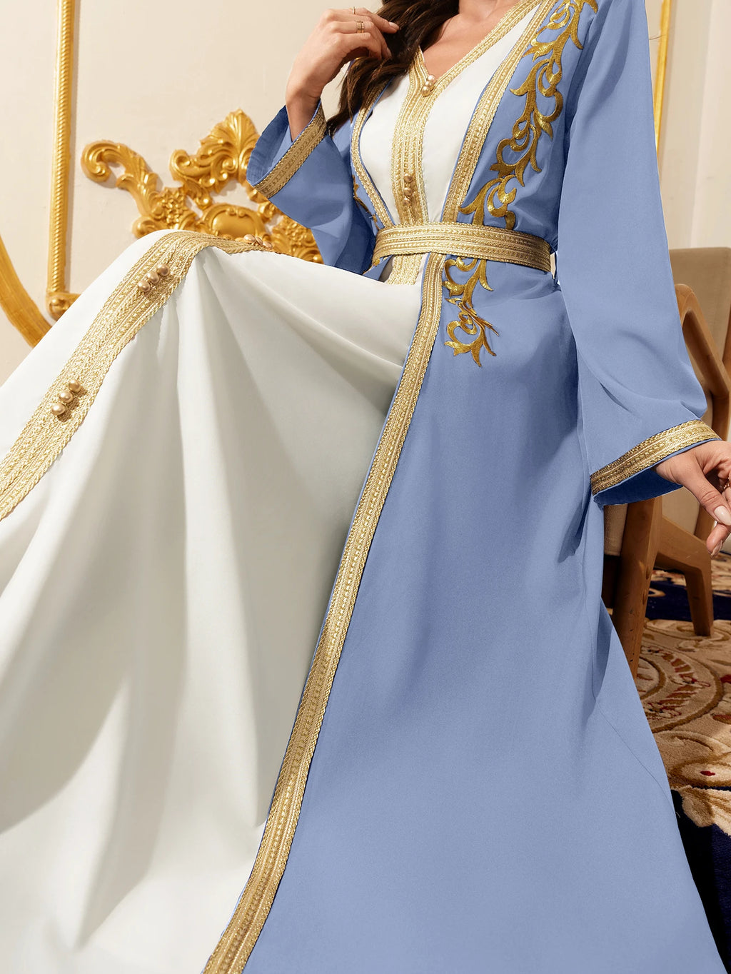 Middle East Elegant Muslim Dress Set Gold Embroidered Evening Gown Traditional Islamic Dresses
