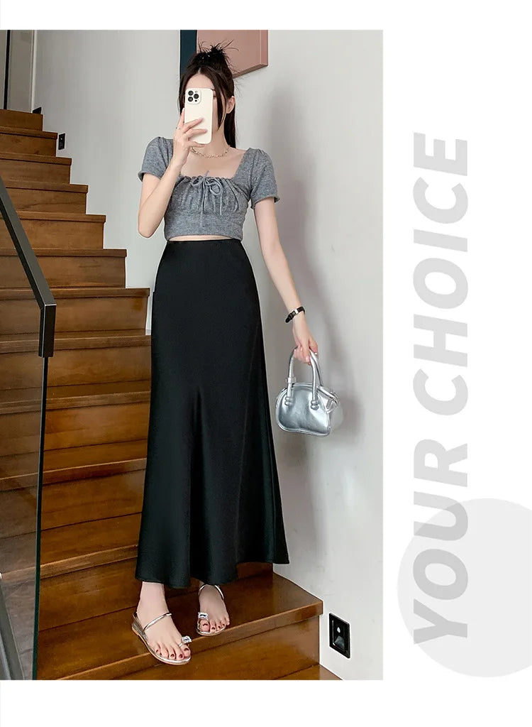 Acetic Satin Fishtail Skirt Woman Korean Fashion Elastic High Waist Skirts for Women Spring/Summer 2024 New Chic Lady Skirts