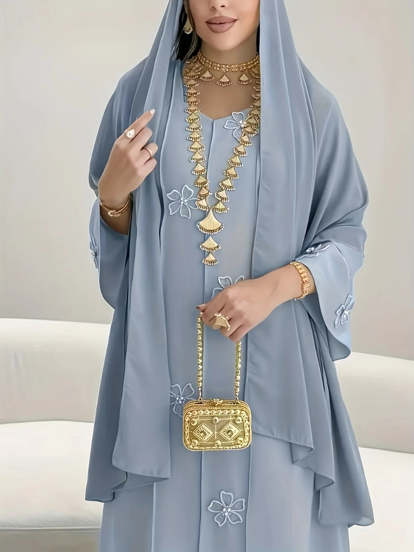 New Middle Eastern Women's Clothing: Elegant Embroidered Beaded Robe, Chiffon Comfortable Commuter Muslim Breathable Shirt, Dubai Saudi Traditional Attire, Long-Sleeve Ethnic Style Festival Party Dress with Headscarf