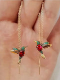 Hummingbird Red CZ Long Earrings For Women Gold Color Metal Green Stone Red CZ Wing Spreading Drop Earring Wedding Party Jewelry