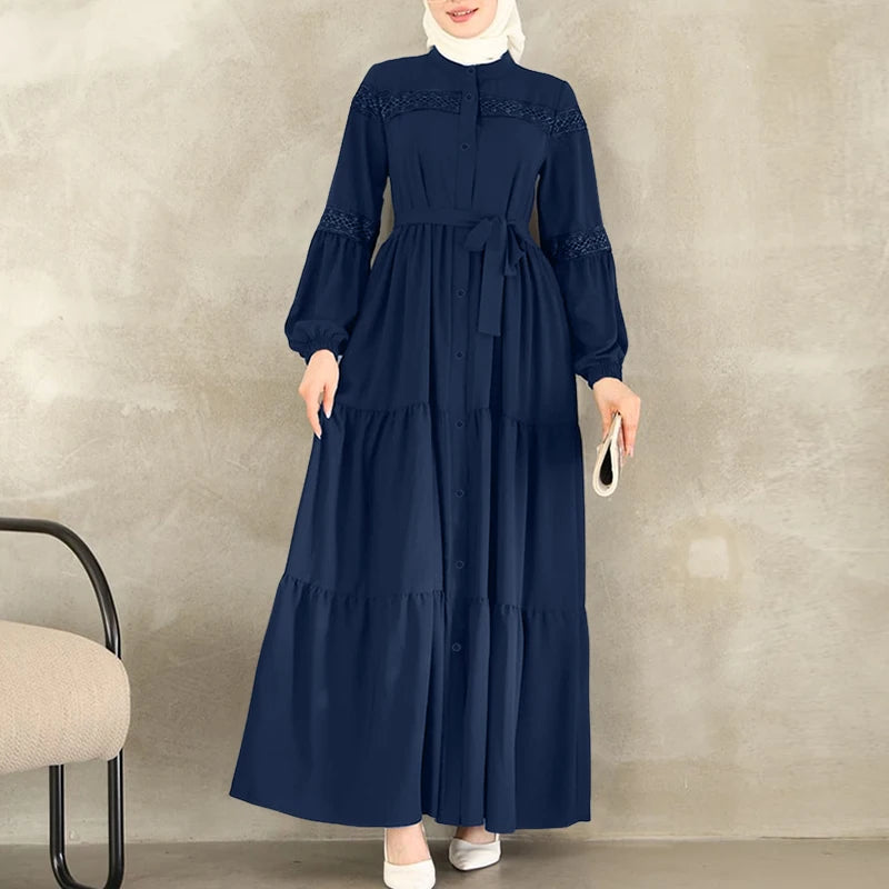 Muslim Modest Hijabs Women Long Dresses ZANZEA Elegant Lace Patchwork O-Neck Long Sleeve Belted Tiered A-Line Dress Abaya Robes