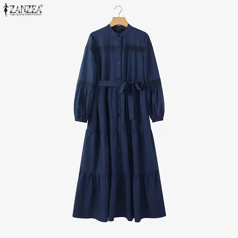 Muslim Modest Hijabs Women Long Dresses ZANZEA Elegant Lace Patchwork O-Neck Long Sleeve Belted Tiered A-Line Dress Abaya Robes