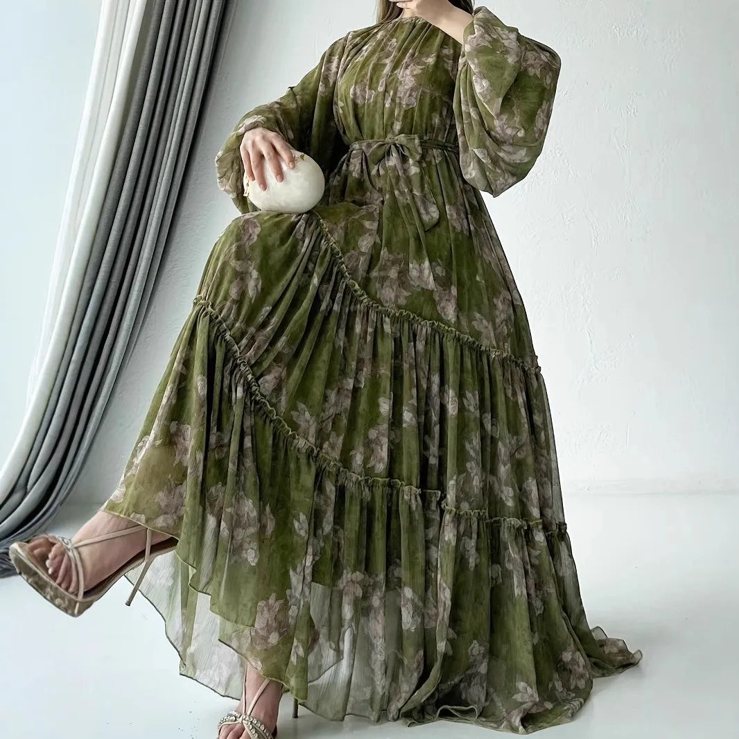 Muslim Women's Dress Casual Fashion Middle Eastern Chiffon Round Neck Tie-Dye with Belt Long Temperament Elegant Arab Dress
