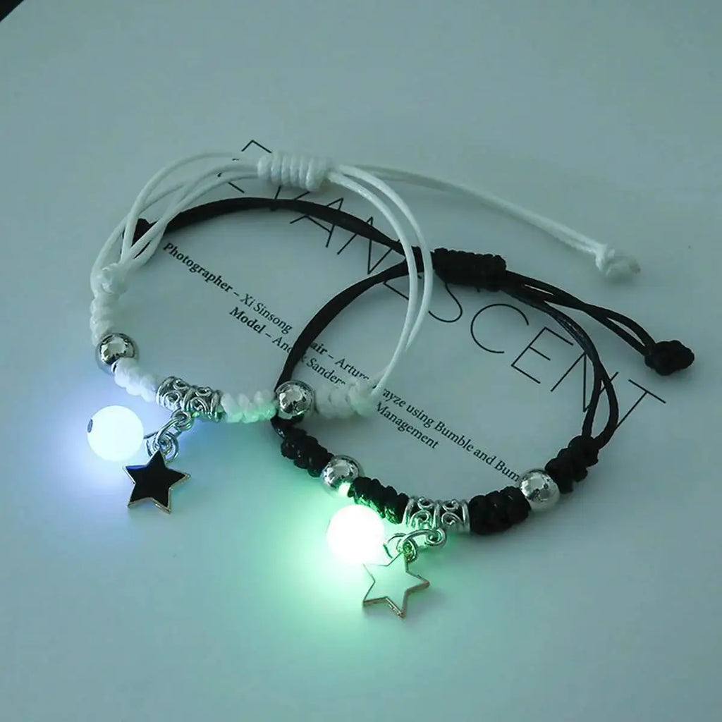2PC Fashion Luminous Beads Star Couple Bracelet for Women Men Charm Cat Flower Heart Moon Love Matching Friend Bracelet Jewelry