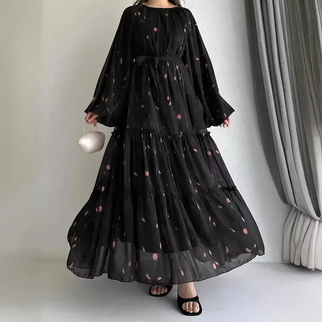 Muslim Women's Dress Casual Fashion Middle Eastern Chiffon Round Neck Tie-Dye with Belt Long Temperament Elegant Arab Dress