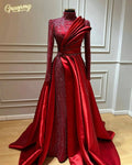 Customized Wine Red Muslim Long Sleeve Evening Dresses  Beaded High Neck Dubai Arabic Formal Wedding Party Gowns ﻿