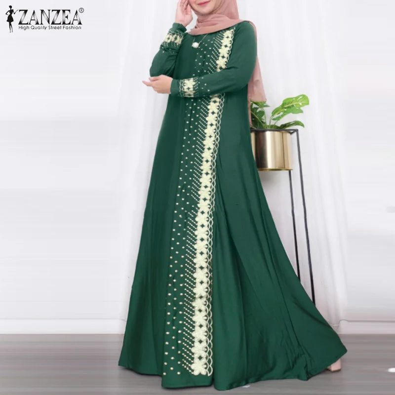 ZANZEA Muslim Fashion Dresses Abaya Women Elegant Long Sleeve Floral Printed Maxi Sundress Vestidos Kaftan IsIamic Robe Ramadan