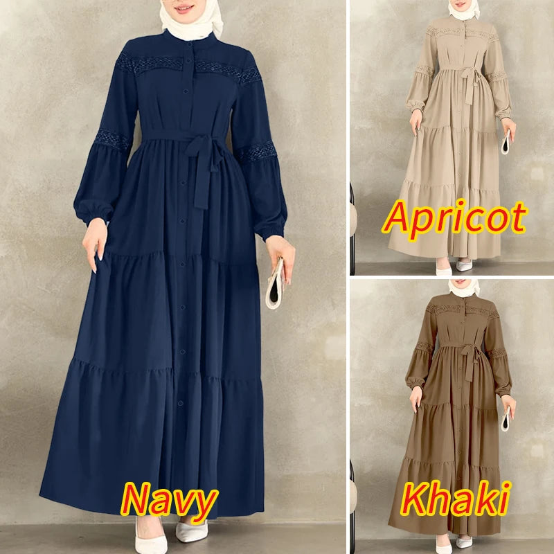 Muslim Modest Hijabs Women Long Dresses ZANZEA Elegant Lace Patchwork O-Neck Long Sleeve Belted Tiered A-Line Dress Abaya Robes