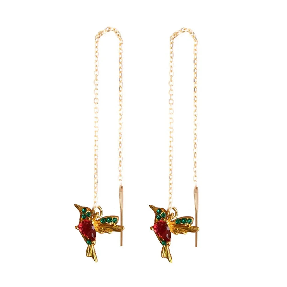 Hummingbird Red CZ Long Earrings For Women Gold Color Metal Green Stone Red CZ Wing Spreading Drop Earring Wedding Party Jewelry