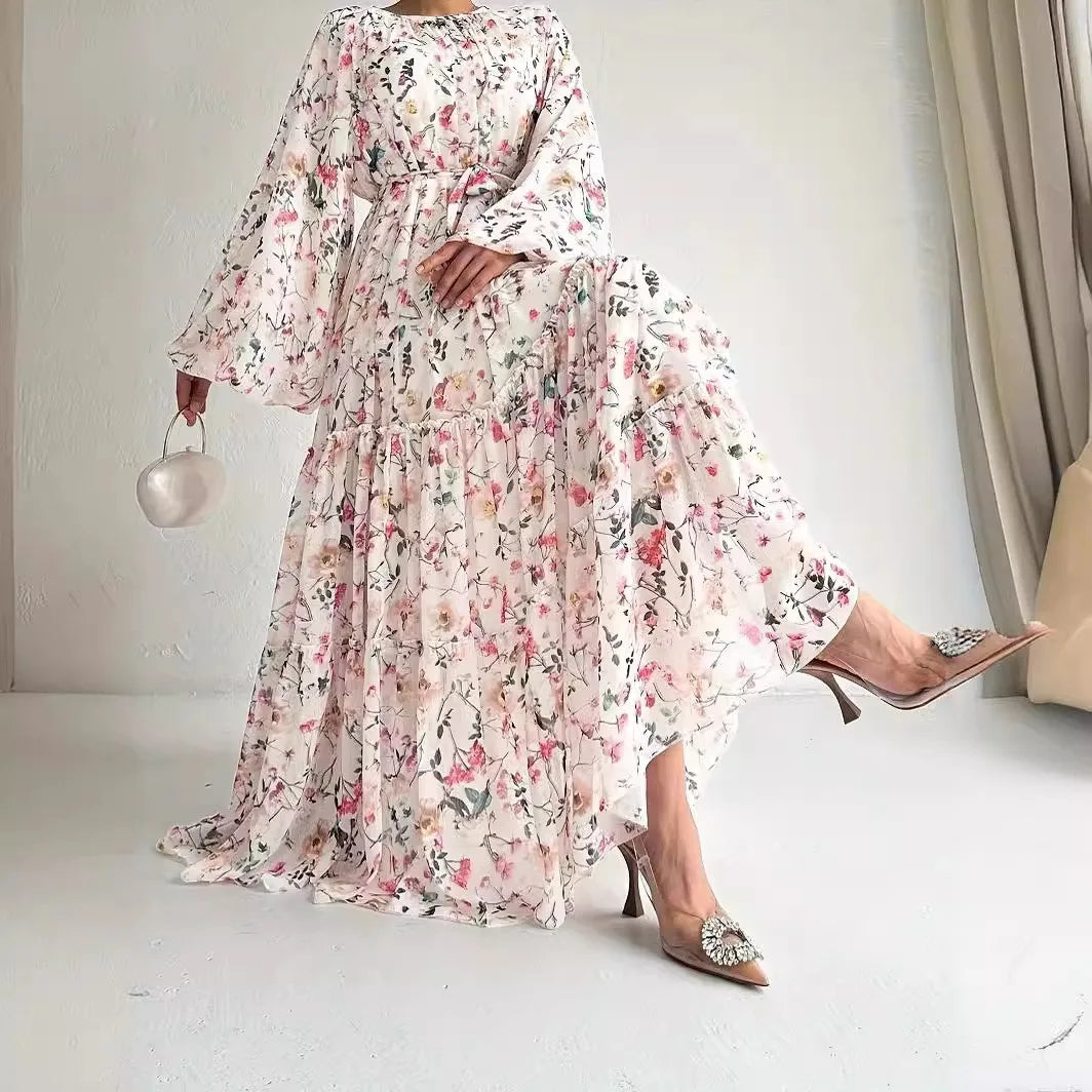 Muslim Women's Dress Casual Fashion Middle Eastern Chiffon Round Neck Tie-Dye with Belt Long Temperament Elegant Arab Dress