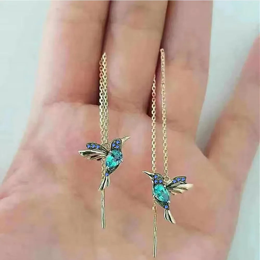 Hummingbird Red CZ Long Earrings For Women Gold Color Metal Green Stone Red CZ Wing Spreading Drop Earring Wedding Party Jewelry