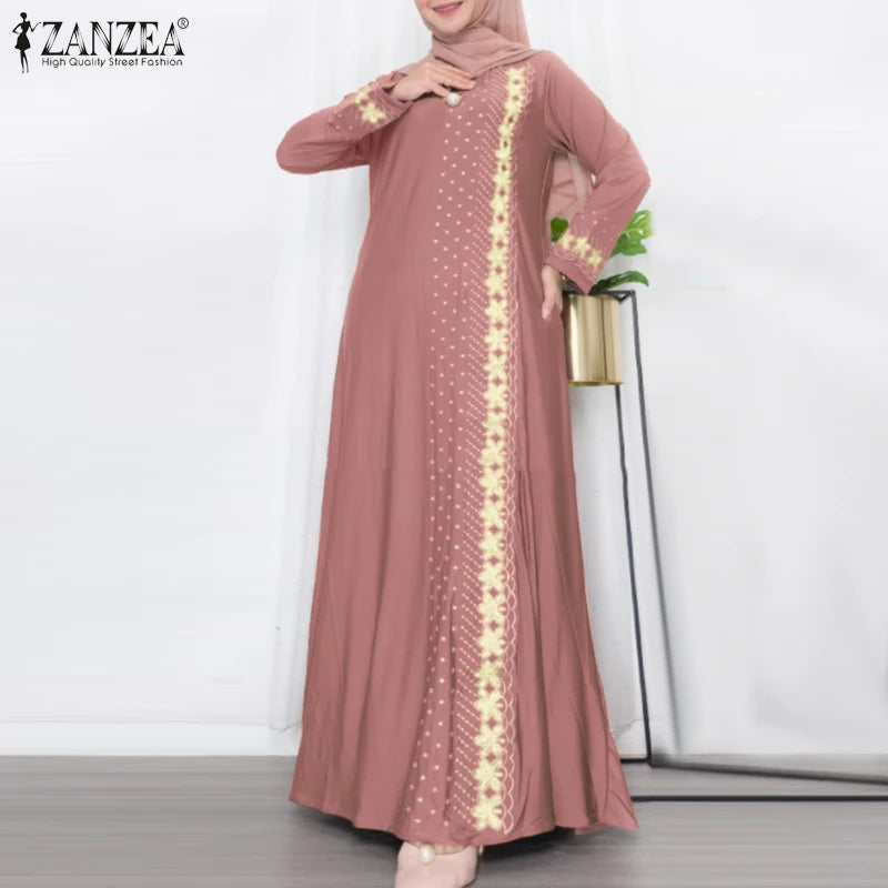 ZANZEA Muslim Fashion Dresses Abaya Women Elegant Long Sleeve Floral Printed Maxi Sundress Vestidos Kaftan IsIamic Robe Ramadan