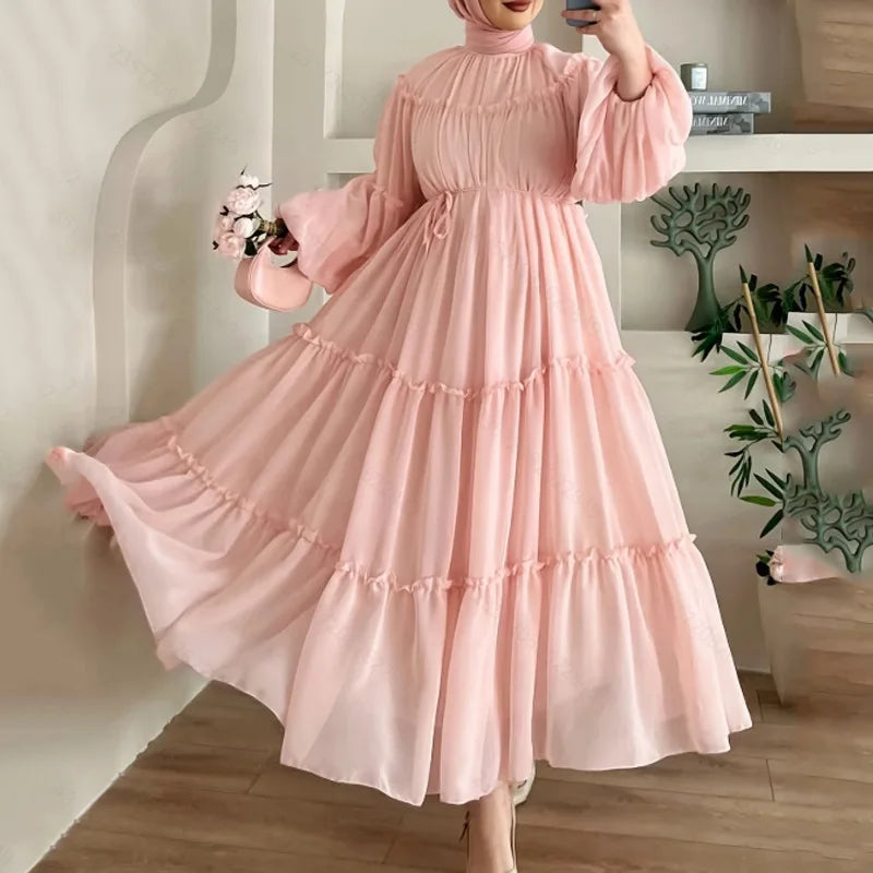 Muslim Women's Dress Casual Fashion Middle Eastern Chiffon Round Neck Tie-Dye with Belt Long Temperament Elegant Arab Dress