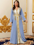 Middle East Elegant Muslim Dress Set Gold Embroidered Evening Gown Traditional Islamic Dresses