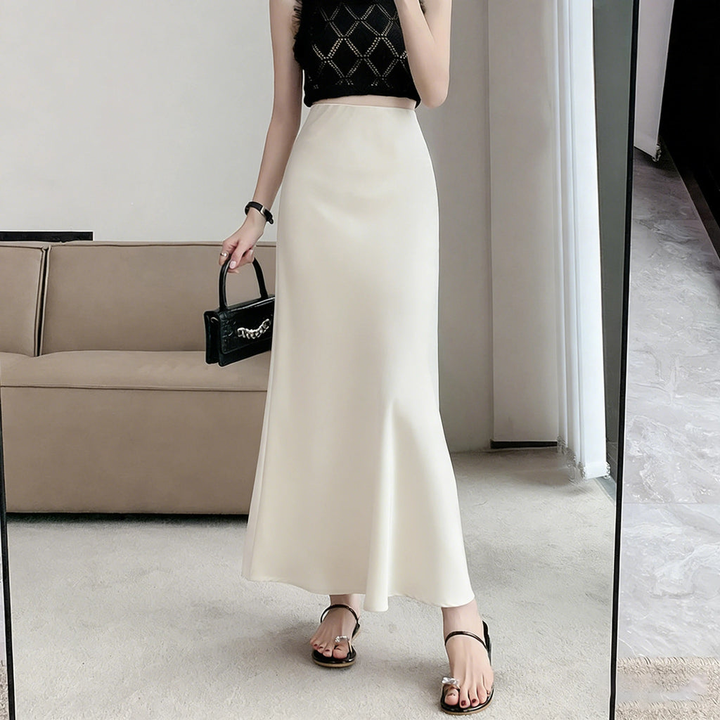 Acetic Satin Fishtail Skirt Woman Korean Fashion Elastic High Waist Skirts for Women Spring/Summer 2024 New Chic Lady Skirts