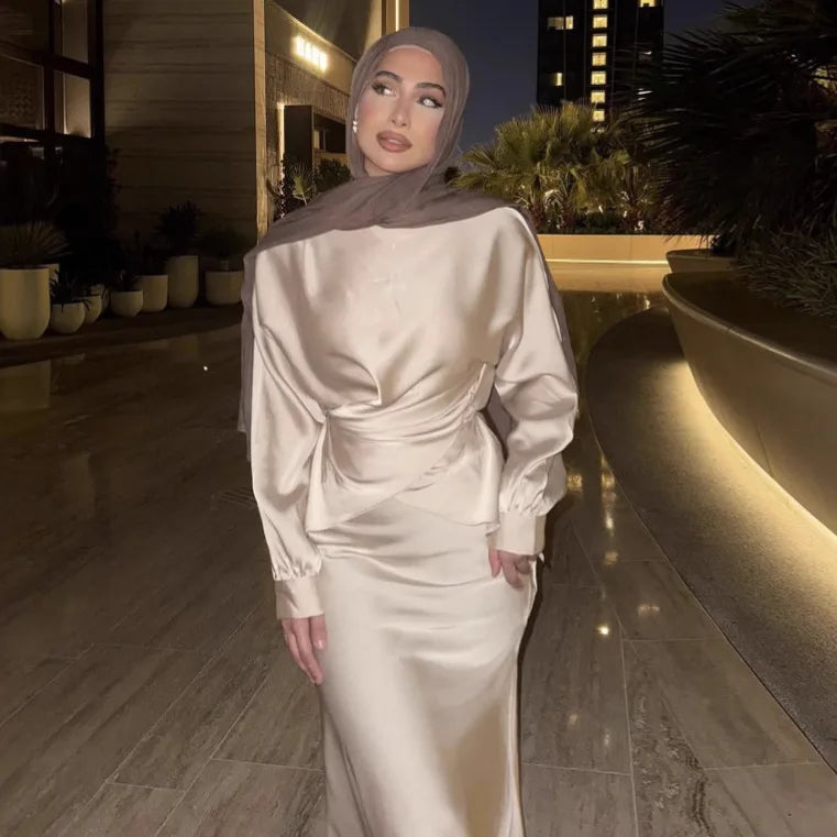 Silk Satin Muslim Top with Dress 2 Piece Sets Mermaid Evening Dresses for Women Abaya Dubai Luxury Kaftan Robe Party Gown 2025