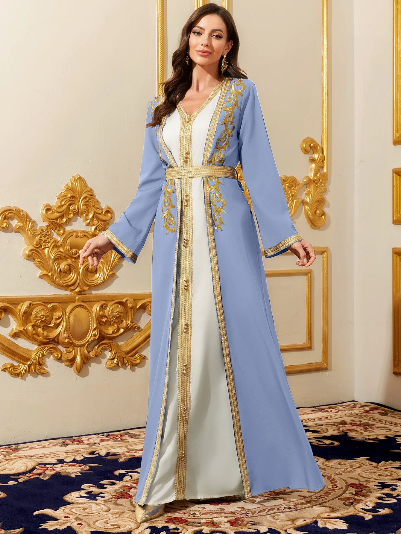 Middle East Elegant Muslim Dress Set Gold Embroidered Evening Gown Traditional Islamic Dresses