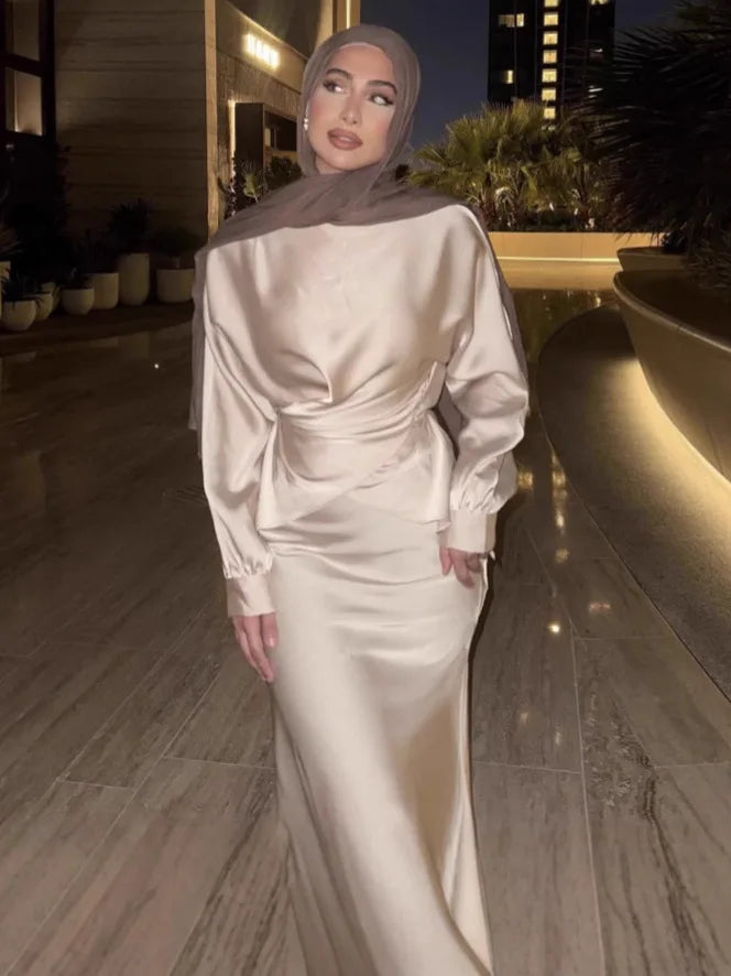 Silk Satin Muslim Top with Dress 2 Piece Sets Mermaid Evening Dresses for Women Abaya Dubai Luxury Kaftan Robe Party Gown 2025