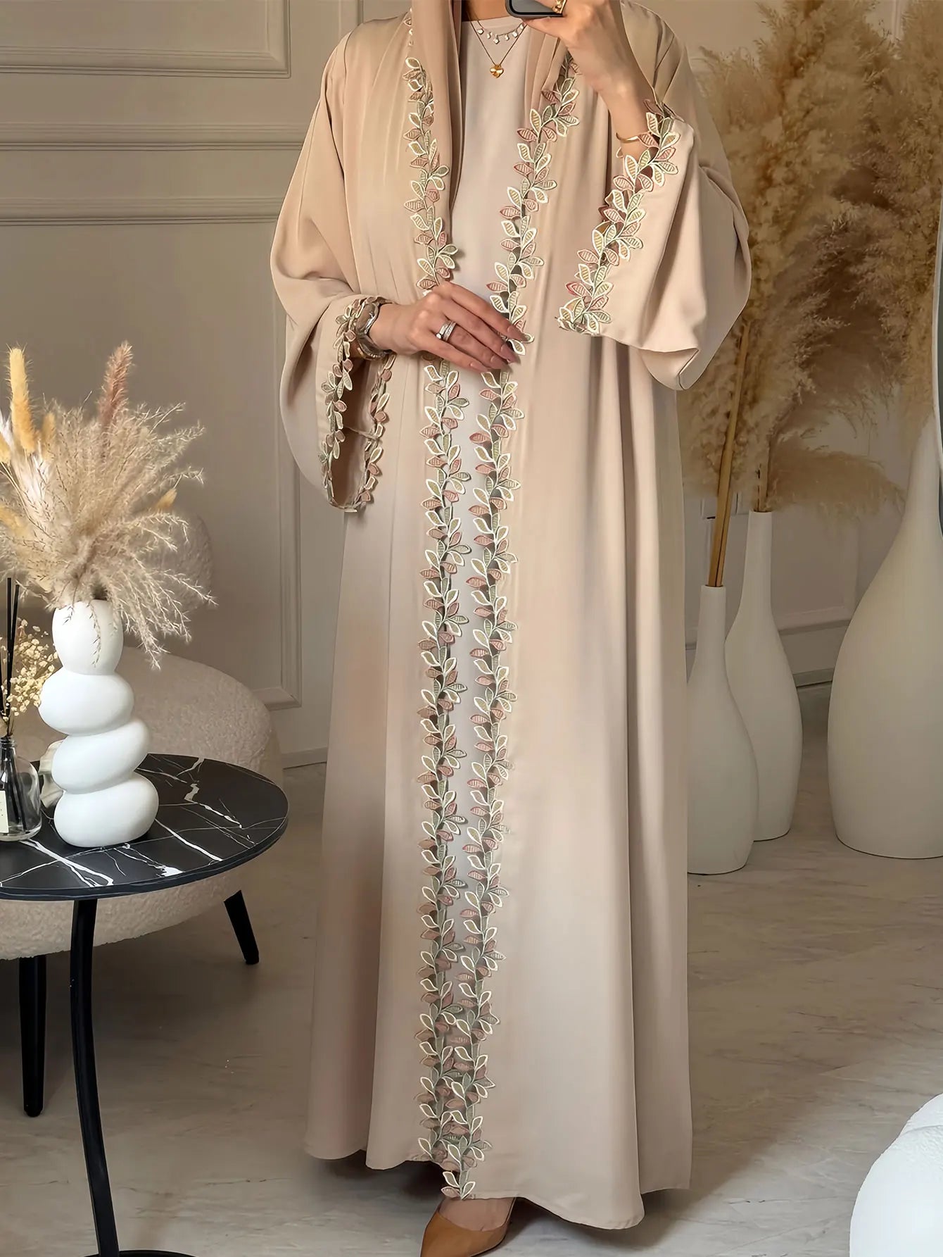 Dubai Elegant Beige Abaya for Muslim Women - Intricately Crafted with Multicolored Embroidery Piece in Islamic Modest Fashion