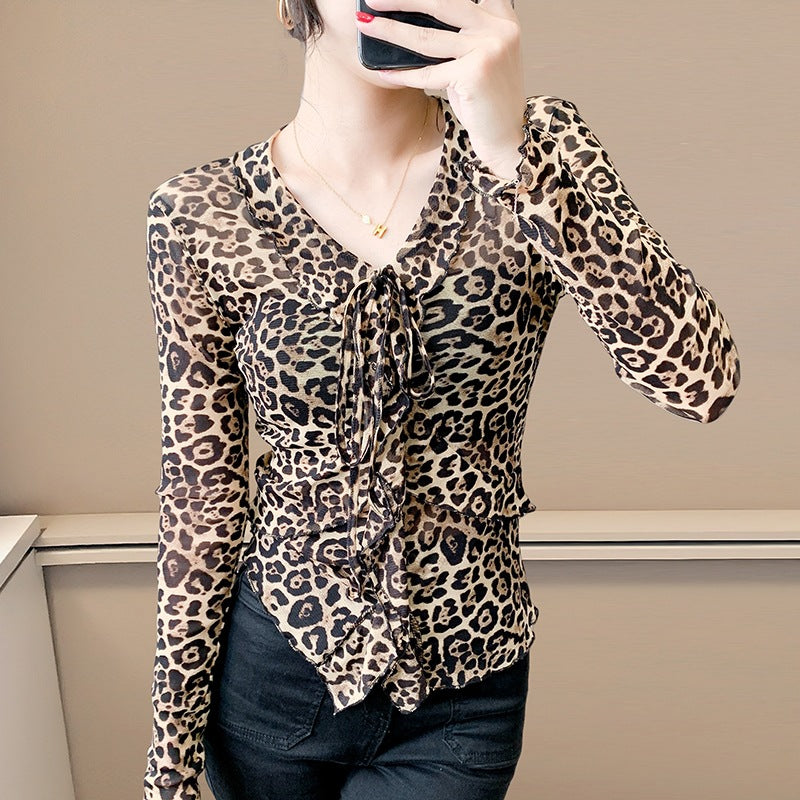 Fashionable Sheer Mesh Floral Long-Sleeve Top For Women