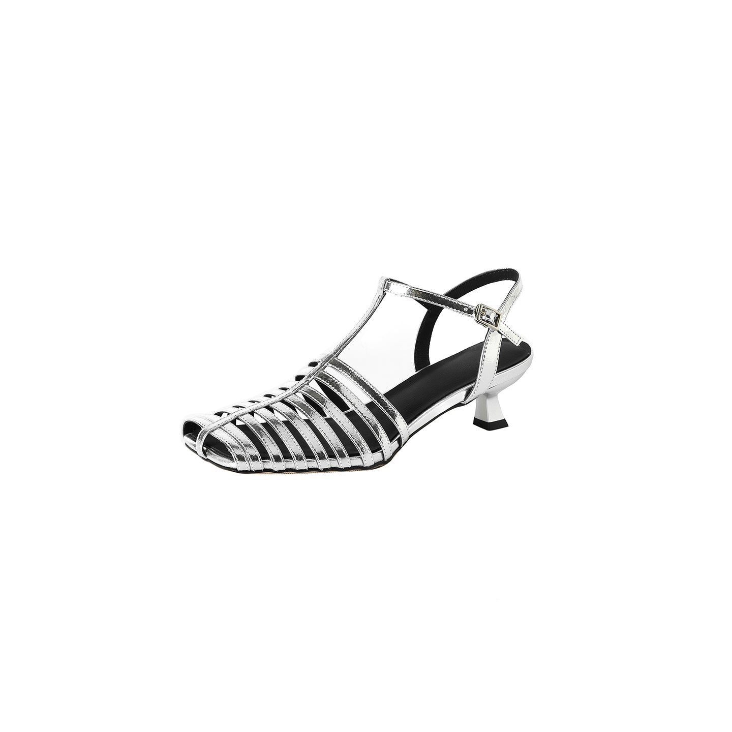 Women's Washed Genuine Lambskin Cage Sandals, T-Strap Slingback Kitten Heel Shoes
