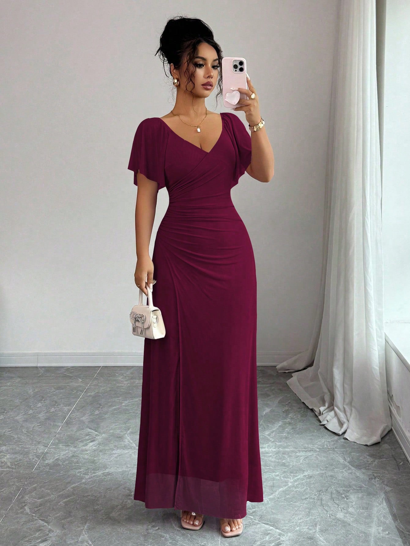 Flutter-sleeve Pleated Elegant Sheath Dress