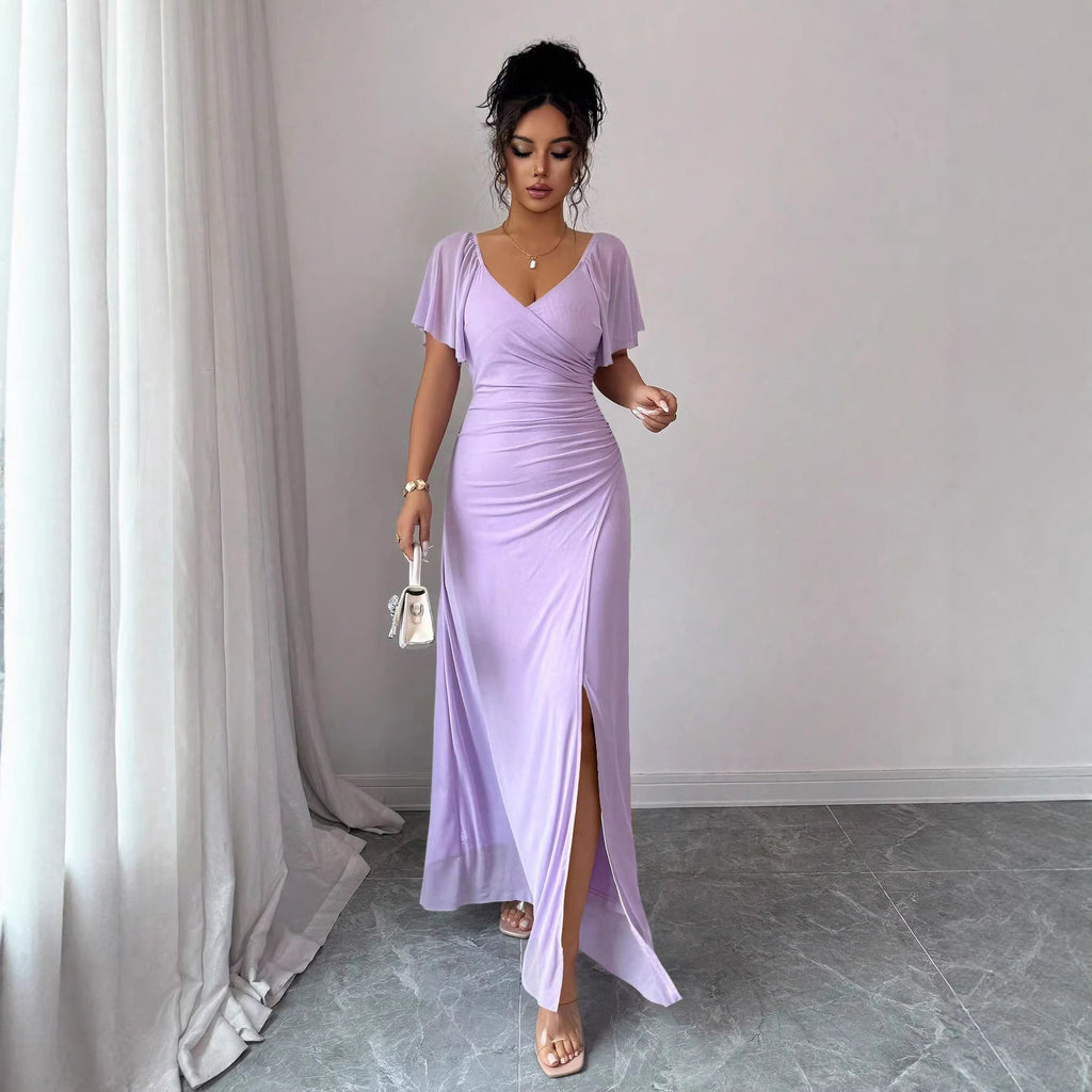 Flutter-sleeve Pleated Elegant Sheath Dress