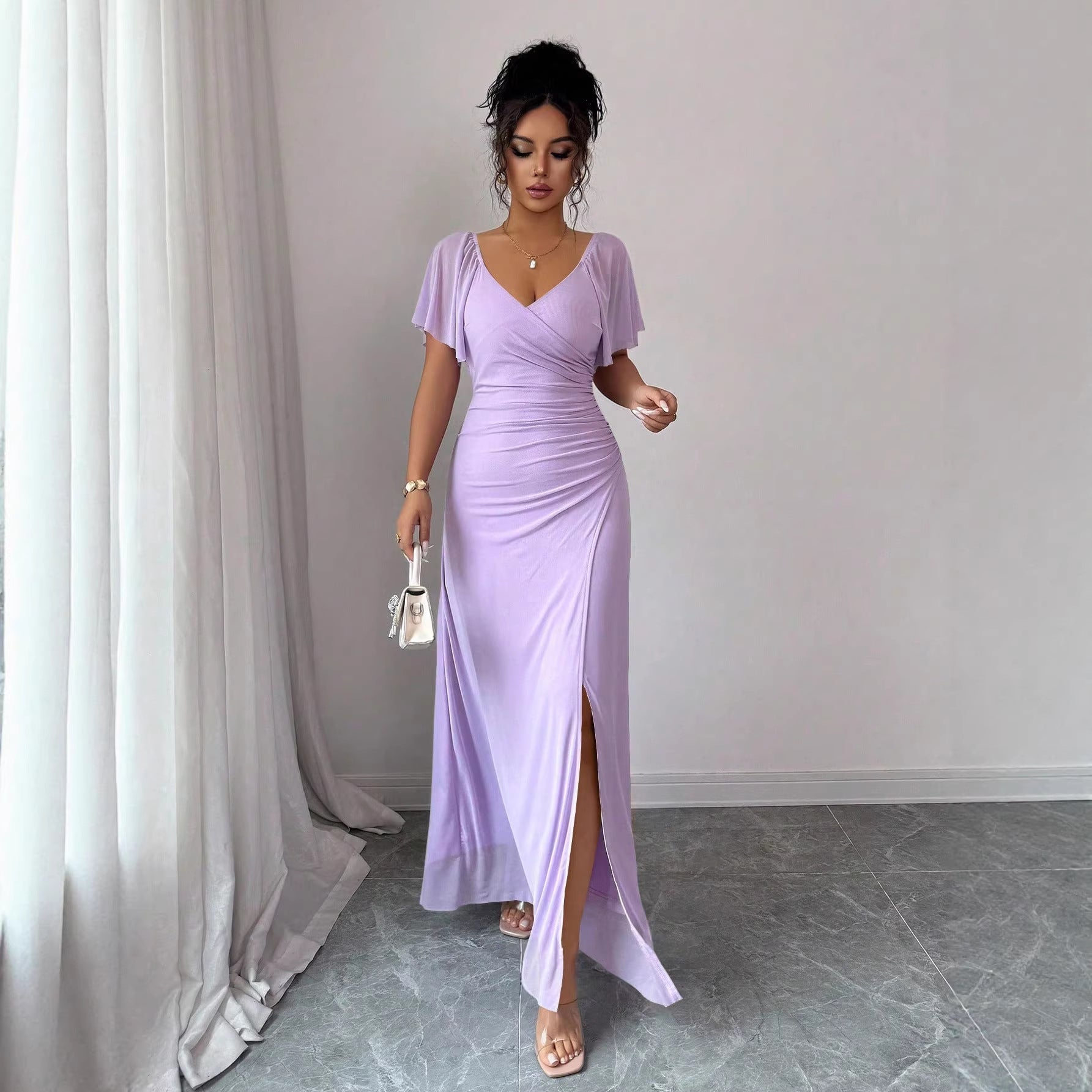 Flutter-sleeve Pleated Elegant Sheath Dress