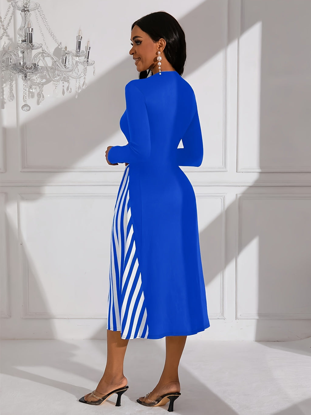 Long-sleeve Color-Block Printed Dress Waist Chain Not Included