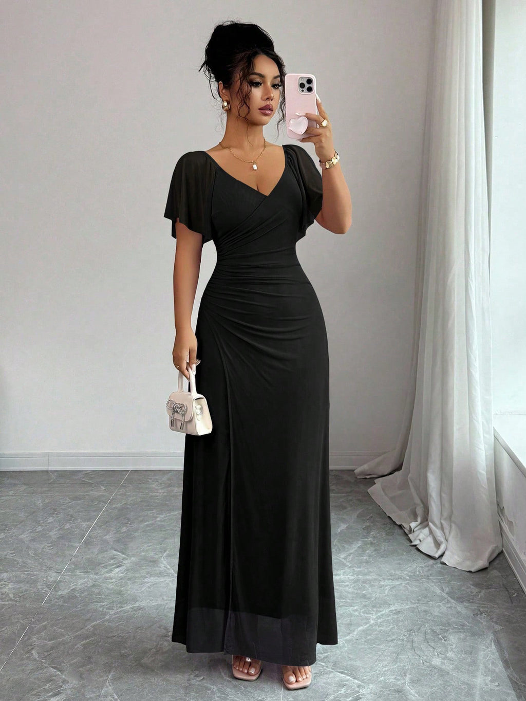 Flutter-sleeve Pleated Elegant Sheath Dress