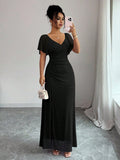 Flutter-sleeve Pleated Elegant Sheath Dress
