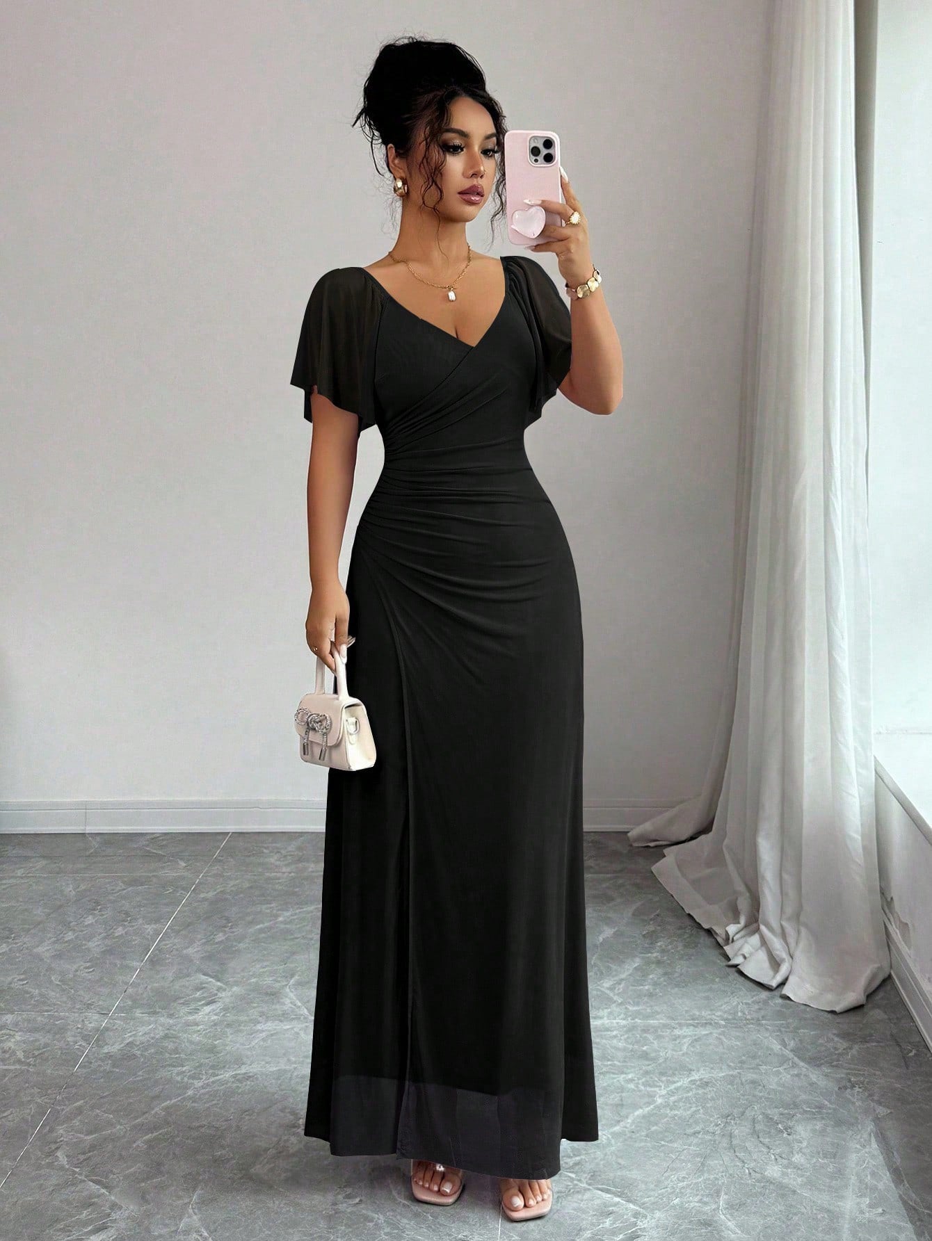 Flutter-sleeve Pleated Elegant Sheath Dress